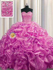 Unique Court Train Lilac Sleeveless With Train Beading and Pick Ups Lace Up Quinceanera Gowns