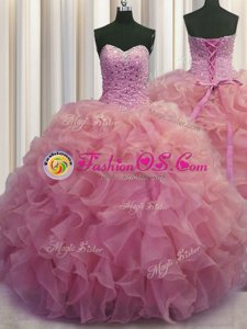 Dramatic Ball Gowns Quinceanera Gowns Watermelon Red Sweetheart Organza Sleeveless Floor Length Lace Up
