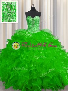 Visible Boning Fuchsia Sleeveless Floor Length Beading and Ruffles Lace Up Sweet 16 Dresses