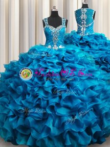 Dazzling Zipple Up See Through Back Teal Straps Neckline Beading and Ruffles Quinceanera Dresses Sleeveless Zipper