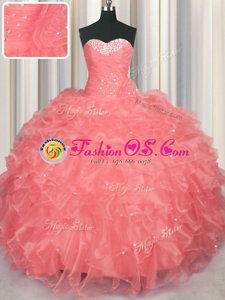Watermelon Red Lace Up Sweetheart Beading and Ruffles Quinceanera Dresses Organza Sleeveless