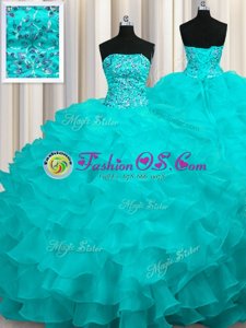Best Aqua Blue Organza Lace Up Ball Gown Prom Dress Sleeveless With Train Sweep Train Beading and Ruffles