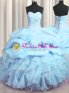 Smart Visible Boning Baby Blue Ball Gowns Organza Sweetheart Sleeveless Beading and Ruffles and Pick Ups Floor Length Lace Up Sweet 16 Dress