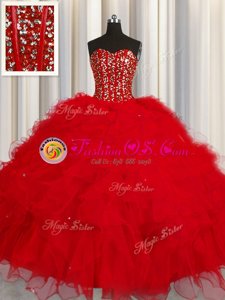 Visible Boning Sleeveless Beading and Ruffles and Sequins Lace Up Quinceanera Gown