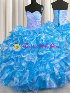 Blue And White Sleeveless Floor Length Beading and Ruffles Lace Up Quinceanera Dress