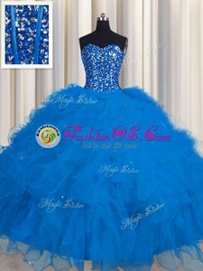 Visible Boning Blue Ball Gowns Beading and Ruffles and Sequins Sweet 16 Dress Lace Up Tulle Sleeveless Floor Length