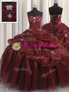 Pick Ups Burgundy Sleeveless Organza Lace Up Sweet 16 Dress for Military Ball and Sweet 16 and Quinceanera