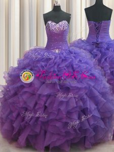 Zipple Up See Through Back Floor Length Quince Ball Gowns Organza Sleeveless Beading and Ruffles