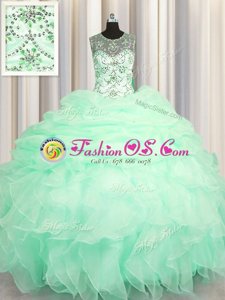 Scoop See Through Apple Green Sleeveless Beading and Ruffles and Pick Ups Floor Length Sweet 16 Dresses