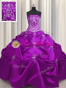 Strapless Sleeveless Ball Gown Prom Dress Floor Length Beading and Appliques and Embroidery Eggplant Purple Taffeta