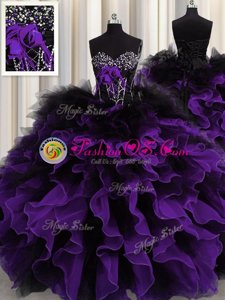 Enchanting Black And Purple Lace Up Ball Gown Prom Dress Beading and Ruffles Sleeveless Floor Length