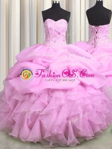 Visible Boning Sweetheart Sleeveless Sweet 16 Dress Floor Length Beading and Ruffles and Pick Ups Lilac Organza