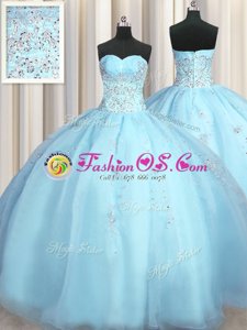 Big Puffy Baby Blue Ball Gowns Beading and Appliques Vestidos de Quinceanera Zipper Organza Sleeveless Floor Length