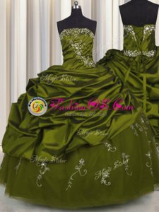 Pretty Embroidery Olive Green Taffeta Lace Up Vestidos de Quinceanera Sleeveless Floor Length Beading and Appliques and Pick Ups