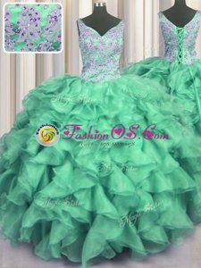 Delicate V Neck Sleeveless Beading and Ruffles Lace Up Sweet 16 Quinceanera Dress
