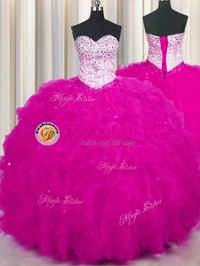 Fantastic Fuchsia Sleeveless Floor Length Beading and Ruffles Lace Up Quinceanera Dresses