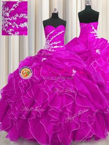 Glorious Sequins Fuchsia Quinceanera Dresses Military Ball and Sweet 16 and Quinceanera and For with Beading and Embroidery and Ruffles Sweetheart Sleeveless Lace Up