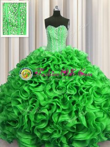 Visible Boning Green Organza Lace Up Sweetheart Sleeveless Floor Length Sweet 16 Dress Beading and Ruffles