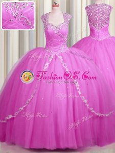 Noble See Through Sweetheart Cap Sleeves Tulle Sweet 16 Quinceanera Dress Beading and Appliques Brush Train Zipper