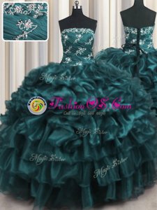 Most Popular Floor Length Lace Up Sweet 16 Dress Navy Blue and In for Military Ball and Sweet 16 and Quinceanera with Appliques and Ruffles and Ruffled Layers