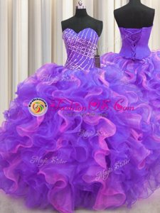 Lilac Sleeveless Organza Lace Up Quinceanera Dress for Military Ball and Sweet 16 and Quinceanera
