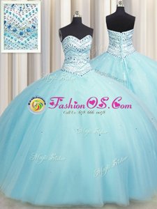 Three Piece Visible Boning Ball Gowns Quinceanera Dress Multi-color Sweetheart Tulle Sleeveless Floor Length Lace Up