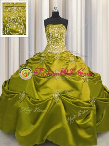 Fabulous Olive Green Ball Gowns Taffeta Strapless Sleeveless Beading and Appliques and Embroidery Floor Length Lace Up Sweet 16 Dress