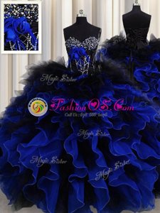 Organza and Tulle Sweetheart Sleeveless Lace Up Beading and Ruffles Sweet 16 Dresses in Blue And Black