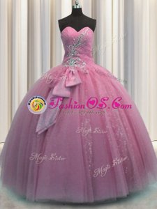 Nice Rose Pink Tulle Lace Up Sweetheart Sleeveless Floor Length Quinceanera Dresses Beading and Sequins and Bowknot