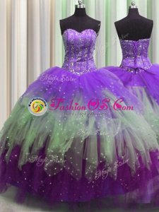 Graceful Visible Boning Multi-color Tulle Lace Up Sweetheart Sleeveless Floor Length Sweet 16 Dresses Beading and Ruffles and Sequins