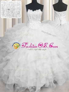 White Ball Gowns Scalloped Sleeveless Organza Floor Length Lace Up Beading and Ruffles Quinceanera Gowns
