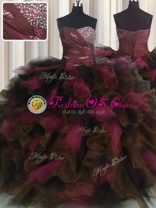 Elegant Organza and Tulle Sweetheart Sleeveless Lace Up Beading and Ruffles and Ruffled Layers 15th Birthday Dress in Wine Red