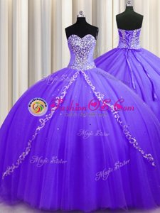 New Arrival Sleeveless Tulle Sweep Train Lace Up Sweet 16 Dress in Lavender for with Beading