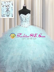 Suitable Visible Boning Light Blue Lace Up Quinceanera Dresses Beading and Appliques and Ruffles Sleeveless Floor Length