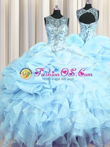 Fabulous See Through Light Blue Scoop Neckline Beading and Ruffles and Pick Ups Sweet 16 Dress Sleeveless Lace Up
