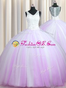 Graceful Zipper Up Lilac Sleeveless Brush Train Beading With Train Quince Ball Gowns