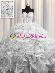 Adorable Court Train Grey Organza Lace Up Sweet 16 Quinceanera Dress Sleeveless Floor Length Beading and Pick Ups