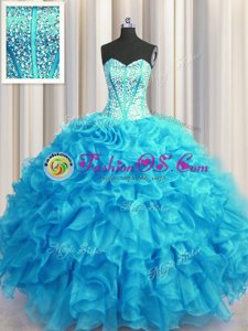 Unique Visible Boning Bling-bling Floor Length Ball Gowns Sleeveless Baby Blue Sweet 16 Dresses Lace Up