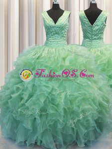 Customized Visible Boning Beading and Ruffles Quinceanera Dress Champagne Lace Up Sleeveless Floor Length