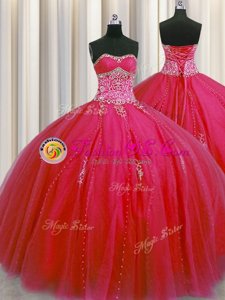 Best Big Puffy Red Sleeveless Floor Length Beading and Appliques Lace Up Quinceanera Gown
