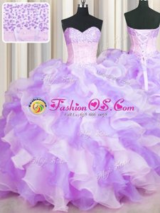 Two Tone Visible Boning Multi-color Ball Gowns Sweetheart Sleeveless Organza Floor Length Lace Up Beading and Ruffles Quinceanera Gown