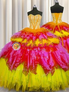 Dazzling Bling-bling Visible Boning Multi-color Lace Up Quinceanera Gowns Beading and Ruffles and Ruffled Layers and Sequins Sleeveless Floor Length