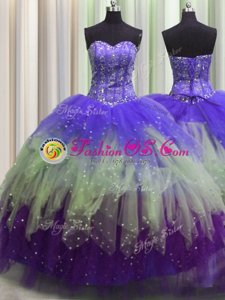 Sweet Visible Boning Tulle Sleeveless Floor Length 15 Quinceanera Dress and Beading and Ruffles and Sequins