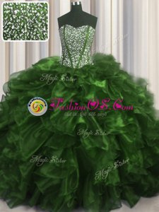 Exquisite Visible Boning With Train Ball Gowns Sleeveless Olive Green Sweet 16 Dress Brush Train Lace Up