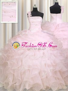 High Quality Baby Pink Ball Gowns Organza One Shoulder Sleeveless Beading and Ruffles Floor Length Zipper Quinceanera Gown