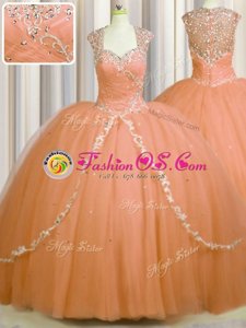 Sumptuous See Through Back Orange Sweetheart Zipper Beading and Appliques Quince Ball Gowns Brush Train Cap Sleeves