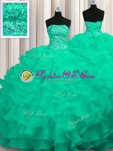 Inexpensive Turquoise Lace Up Quinceanera Gowns Beading and Ruffles Sleeveless Sweep Train