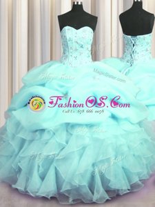Visible Boning Aqua Blue Ball Gowns Organza Sweetheart Sleeveless Beading and Ruffles and Pick Ups Floor Length Lace Up Ball Gown Prom Dress