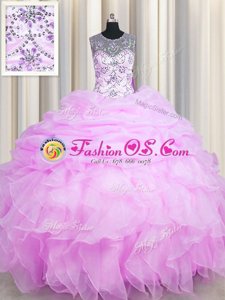 See Through Sleeveless Lace Up Floor Length Beading and Ruffles and Pick Ups 15th Birthday Dress