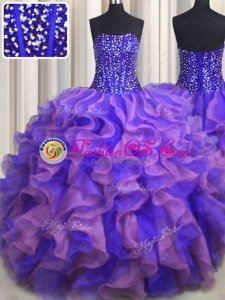 With Train Lilac Sweet 16 Dresses Organza Court Train Sleeveless Beading and Pick Ups